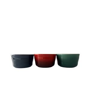 Le Creuset Set Of Three (3) Classic Stoneware Bowls Red Green Black Excellent